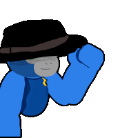 a cartoon character wearing a hat and a blue shirt