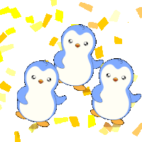 three blue penguins are standing next to each other