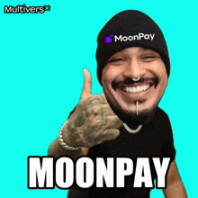 a man wearing a black beanie with moonpay on it