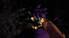 a drawing of a cat with purple hair and a purple shirt that says " evil of paradise " on it