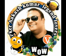 a sticker with a man wearing sunglasses and a bee says wow