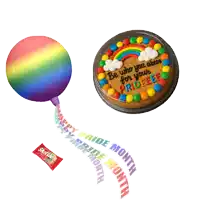 a bag of skittles is next to a cake that says be who you are for your pride