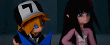 a boy wearing a hat with the letter l on it stands next to a girl