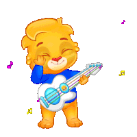 a cartoon lion is playing a guitar with music notes in the background