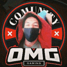 a man wearing a mask is holding a phone in front of a logo for omg gaming
