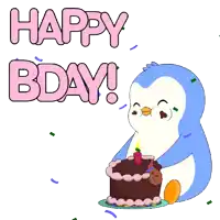 a penguin blowing out a candle on a birthday cake with the words happy bday behind it