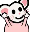 a cartoon mouse wearing a pink shirt is smiling and waving its paws .