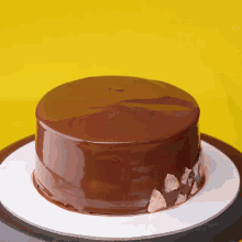 a chocolate cake is on a white plate on a yellow background