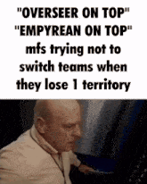 a bald man is holding a piece of paper in front of a sign that says overseer on top emptyrean on top
