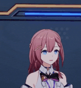 a girl with pink hair and blue eyes is wearing a bow tie