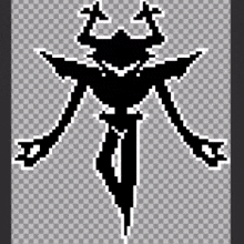 a black and white pixel art of a demon with horns and a sword .