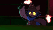 a drawing of a cat with yellow eyes holding a flamethrower