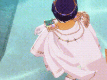 a cartoon character is wearing a white cape and gold jewelry