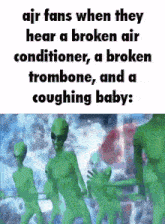 a group of green aliens are standing next to each other in a room .