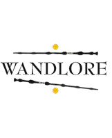 a wandlore logo with two wands and a yellow dot