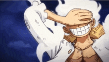 a cartoon of a man covering his eyes with his hand .