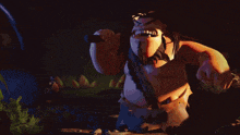 a cartoon character with purple hair holding a stick