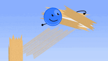 a blue ball with a face is flying over a wooden plank