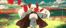 a cartoon of a girl with horns in a field