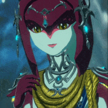 a close up of a cartoon character wearing a necklace and scarf