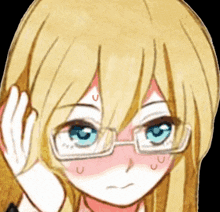 a girl with blonde hair and blue eyes is wearing glasses and making a surprised face