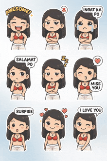 a set of stickers of a girl with different facial expressions including awesome surprise and i love you