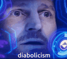 a close up of a man 's face with the word diabolicism in the upper right corner