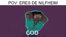 a group of minecraft characters are standing next to each other and the word god is on the bottom right