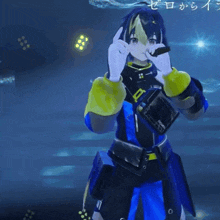 a person in a blue and yellow outfit is standing in front of a sign that says zero