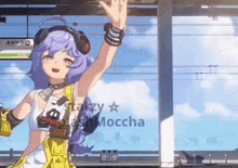 a girl with purple hair is waving her hand in front of a sign that says subway