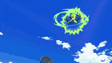 a cartoon character is flying through the air with green lines