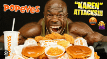 a man is eating chicken sandwiches and drinking popeyes soda
