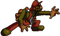 a cartoon drawing of a man with a red hat and green pants