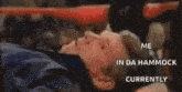 a woman is laying in a hammock with the words " me in da hammock currently " written above her