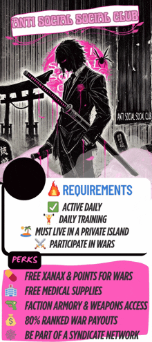 a poster for anti social social club shows a man with a sword