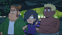 three cartoon characters are standing next to each other