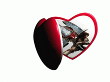 a heart shaped item with a picture of a sword and shield on it