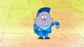 a cartoon character is standing on a tiled floor with his fist in the air