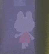 a pixel art of a rabbit in a pink dress standing in the dark .