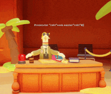a cartoon character sitting at a desk with the words prosecutor rekt noob master rekt behind him