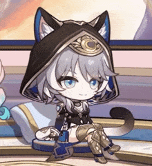 a cartoon character with cat ears is sitting down