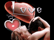 a man and a woman are kissing in front of a red heart with the word love written on it