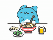 a cartoon drawing of a cat eating ramen with chopsticks