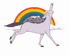 a drawing of a horse with a rainbow and mountains in the background