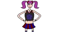 a cartoon drawing of a girl with purple hair and a flower on her shirt