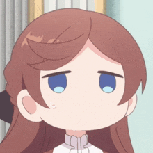 a close up of a cartoon girl 's face with brown hair and blue eyes