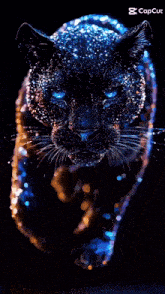 a black panther with blue eyes is surrounded by blue lights and sparkles .