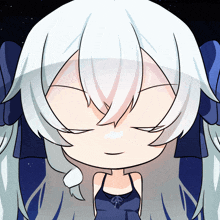 a cartoon drawing of a girl with white hair and a blue dress
