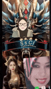 a group of people are having a video call with a dragon in the background