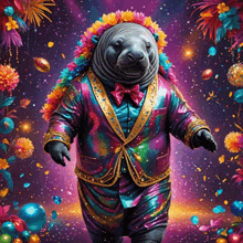 a hippopotamus in a colorful suit with a bow tie